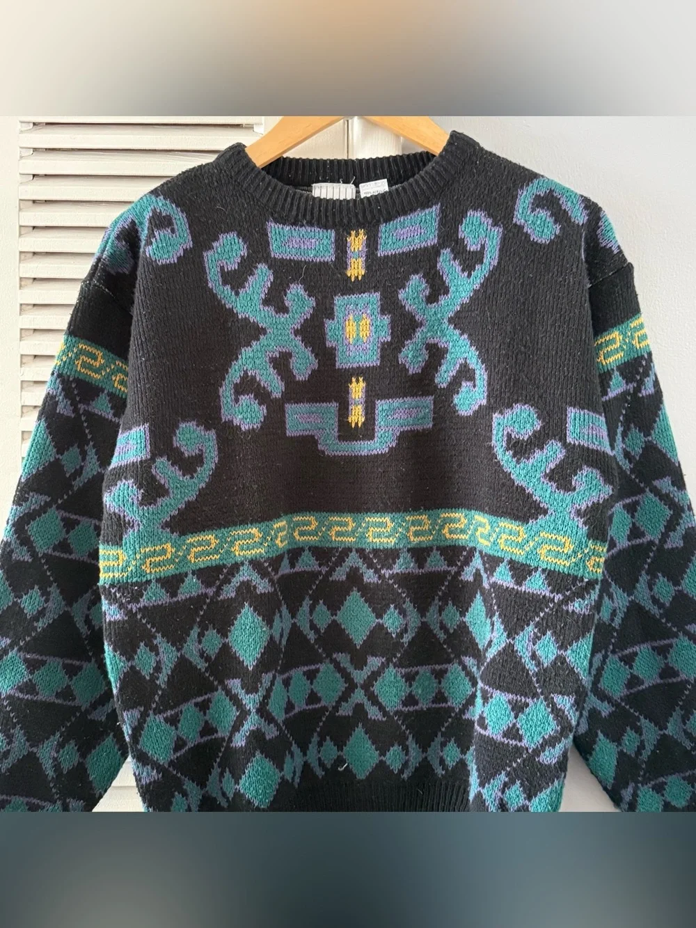 Vintage 80’s 90’s & Company Geometric Aztec Teal Black Knit Sweater Sz Small